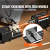 A person is using a mini lathe to shape a piece of wood, with a close-up inset showing a tool rest. Produktbild-Vorschau