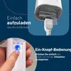 Close-up of a white nebulizer, showing charging port and a finger pressing a blue button. Náhled obrázku produktu