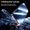 A purple phone screen protector is shown in a dramatic setting, appearing to withstand impact against rocks, with sparks flying. Produktbild-Vorschau