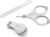 A set of baby nail care tools including nail clippers, scissors, and a nail file, arranged on a white background. Produktbild-Vorschau