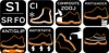 A collage of icons representing safety features of work boots. Produktbild-Vorschau