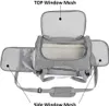 A grey pet carrier with its top and side flaps open, revealing a plush interior. Text labels point to the mesh windows. Náhľad obrázku produktu