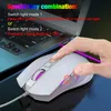 A hand is shown pressing a button on a white computer mouse, with a laptop keyboard in the background. Text overlays provide instructions on how to switch light modes. Produktbild-Vorschau