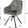 A gray upholstered chair with dimensions indicated by arrows and measurements. Produktbild-Vorschau
