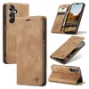 Collage of images showing a brown faux leather phone case for a Samsung Galaxy A05S, displayed from different angles and in use. Produktbild-Vorschau