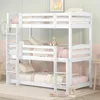 A white triple bunk bed with bedding and a teddy bear. Náhled obrázku produktu