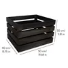 A dark wooden crate with dimensions indicated by text overlays. Produktbild-Vorschau