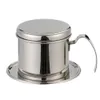 A stainless steel Vietnamese coffee filter with a handle and saucer, isolated on a white background. Produktbild-Vorschau