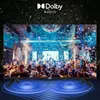A TV displaying a lively party scene with confetti, with Dolby Audio branding and sound wave graphics at the bottom. Produktbild-Vorschau