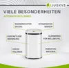 A white automatic trash can with various features highlighted by text labels and lines pointing to different parts of the product. Náhled obrázku produktu