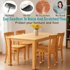 A dining table and chairs with protective caps on the chair legs, with marketing text and images overlaid. Produktbild-Vorschau