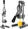 Two views of a manual citrus juicer, one showing the juicer itself and the other showing it in use with juice being squeezed into a glass. Podgląd zdjęcia produktu