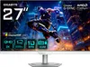 A gaming monitor displaying a dynamic image of a futuristic character in a city setting, with various feature callouts. Podgląd zdjęcia produktu