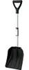 A black and silver snow shovel with a telescopic handle and ergonomic grip, isolated on a white background. Produktbild-Vorschau