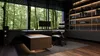 A modern office with a large window overlooking a forest, featuring a desk, chair, and bookshelves. Náhled obrázku produktu