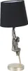 A table lamp with a black lampshade and a silver-colored monkey figure as the base, shown against a white background. Produktbild-Vorschau