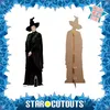 A cardboard cutout of Professor Minerva McGonagall from Harry Potter, shown from the front and back, with a decorative border and text overlay. Produktbild-Vorschau