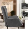 A close-up of a gray corduroy armchair with text overlays highlighting features. Náhled obrázku produktu