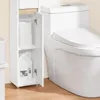 A white bathroom cabinet with an open door, revealing toilet paper and cleaning supplies, next to a white toilet. Náhľad obrázku produktu