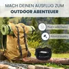 A backpack with camping gear is set against a natural outdoor background, with text overlays highlighting product features. Produktbild-Vorschau