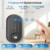 A smart door lock with fingerprint and keypad is shown on a door, with marketing text highlighting its features. A hand is shown interacting with the fingerprint scanner. Náhľad obrázku produktu
