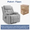 A gray recliner chair is shown next to two stacked cardboard boxes labeled "BOX 1" and "BOX 2". Text at the top reads "Paket-Tipps" and text at the bottom reads "Dieser Artikel wird in zwei Kartons geliefert und kommt möglicherweise nicht gleichzeitig an." Podgląd zdjęcia produktu
