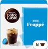 A box of Nescafé Dolce Gusto Iced Frappé coffee pods, with a glass of iced coffee and ice cubes shown. Produktbild-Vorschau