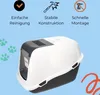 A white and gray hooded litter box is shown against a light blue background with paw print graphics and marketing text. Produktbild-Vorschau