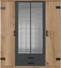 A front view of a four-door wardrobe with mirrored doors and wooden accents. Produktbild-Vorschau