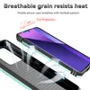 A phone case is shown with arrows indicating airflow, suggesting breathability. Text highlights features like heat resistance and full protection. Produktbild-Vorschau