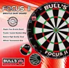 A dartboard with product features listed on the left side and close-up views of specific features. Produktbild-Vorschau