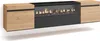 A modern, wall-mounted TV cabinet with a built-in electric fireplace, featuring wood-effect doors and a black frame. Produktbild-Vorschau
