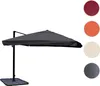 A patio umbrella with a base and color swatches. Produktbild-Vorschau