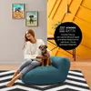 A woman and her dog are sitting on a teal beanbag chair in a living room with artwork on the wall and a yellow accent wall. Náhľad obrázku produktu