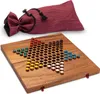 A Chinese checkers board game with colorful marbles and a red drawstring bag. Produktbild-Vorschau