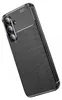 A black carbon fiber textured phone case with a camera cutout is shown against a white background. Produktbild-Vorschau