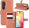 A collage of images showing a brown leather flip case for a smartphone, with the phone inserted and displaying a colorful screen. One image shows the case open, revealing card slots and a bill compartment. Another shows the case folded to act as a stand. Produktbild-Vorschau