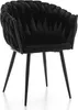 A black velvet chair with a braided backrest and black metal legs, shown in a studio setting against a white background.