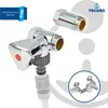 A collage of a plumbing valve and related components, with text overlays and a logo. Produktbild-Vorschau