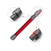 A red vacuum cleaner extension tube with gray connectors is shown against a white background. Insets highlight the connection points. Produktbild-Vorschau