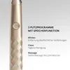 A close-up of a gold electric toothbrush with text describing its features. Náhled obrázku produktu