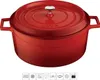 A red enameled cast iron pot with a lid and silver knob, shown from a slightly elevated front-left angle against a white background. Several small icons are visible at the bottom of the image. Produktbild-Vorschau