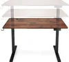 A standing desk with a wooden top and black legs, shown in multiple height positions. Náhled obrázku produktu