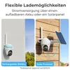 A split image showing two ways to power a security camera: one with a rechargeable battery and another with a solar panel. Produktbild-Vorschau