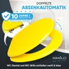 A yellow toilet seat and lid are displayed prominently, with text highlighting features and warranty information. Produktbild-Vorschau