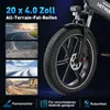Close-up of an electric bicycle wheel and front fork, with inset images showing different terrains and feature icons at the bottom. Produktbild-Vorschau