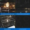 A collage of four images showing different features of a black oven and stovetop. Produktbild-Vorschau