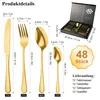 A diagram showing the dimensions and components of a cutlery set, along with a box containing the cutlery. Produktbild-Vorschau