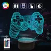 A 3D illusion lamp shaped like a game controller, displayed with a remote control and background graphics suggesting technology and data. Náhled obrázku produktu