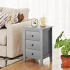 A gray nightstand with three drawers is placed next to a sofa in a living room setting. A framed picture and a vase with flowers are on top of the nightstand. A potted plant is to the right of the nightstand. Podgląd zdjęcia produktu